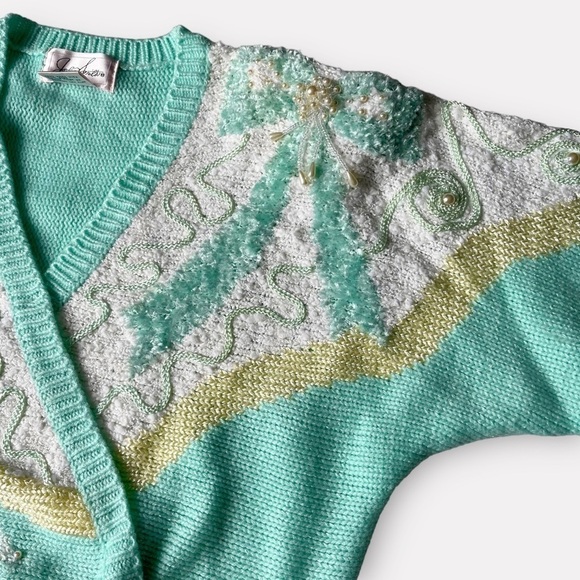 80s Jaclyn Smith Mint Green Beaded Sweater Pastel Pearls Grannycore Barbiecore M - Picture 7 of 15